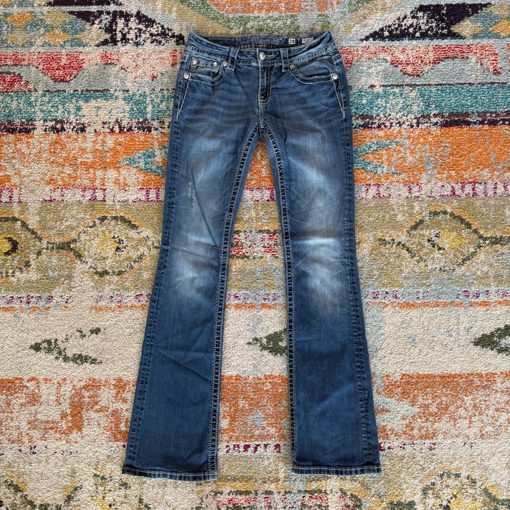 Miss Me Angel Wing Rhinestone Flap Pocket Bootcut Jeans - Picture 2 of 11